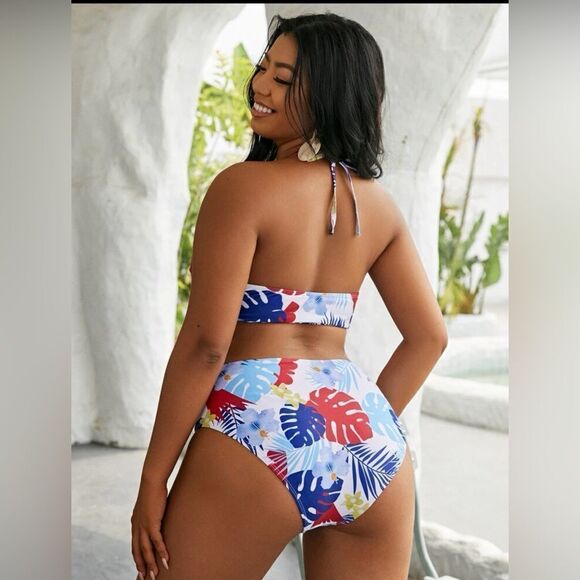 Shein Plus Floral & Tropical Mesh Insert Bikini Swimsuit - Picture 2 of 4